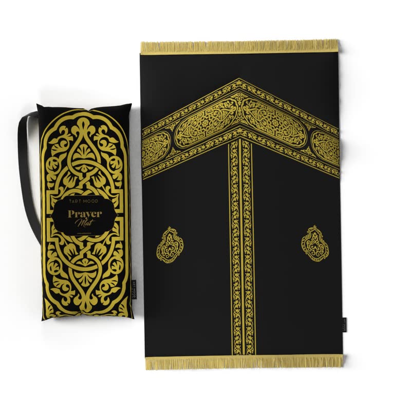 ART MOOD HOME Prayer Mat Padded, Velvet with Elegant Design, Soft Low Pile with Supportive Cushioning, Lightweight and Foldable for Home and Mosque, 117L × 68W cm, Stylish Design | Gold & Black