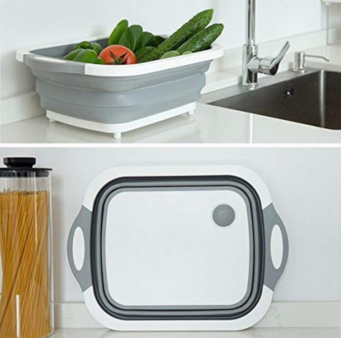 NEXT ANGLE STOREMART Cutting Board with Basket | Collapsible Dish Tub with Draining Plug | Colander Fruits Vegetables Wash and Drain Sink Storage Basket 3-in-1 Food Grade Plastic Chopping Board