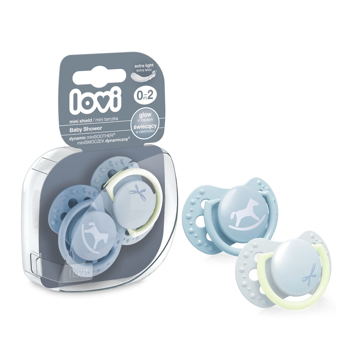 LOVI Soother 0-2 Months, Baby Dummies with Silicone Teat, Dynamic Tip, Baby Shower Boy Collection, 2 Pieces, Blue