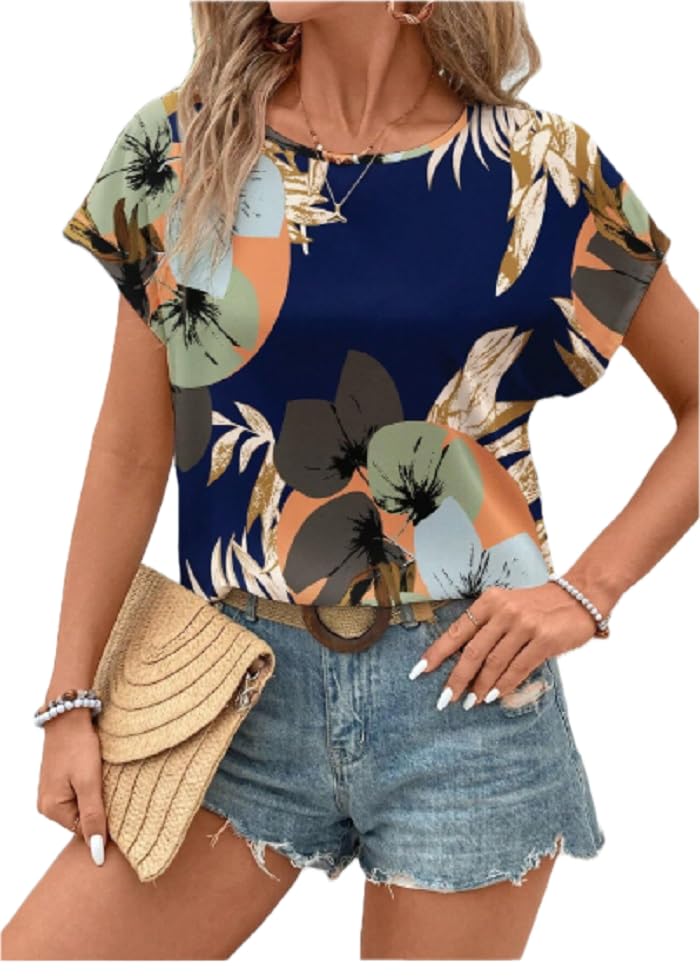 Women's Floral Print Top, Round Neck, Cap Sleeve, Boho Style, Navy Multicolor