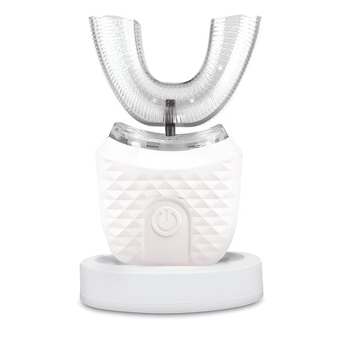U-Shaped Electric Brush - Advanced ultrasonic tech with 360° cleaning, wireless charger, 3 modes, IPX7 waterproof, LED whitening light, minimalist white styling