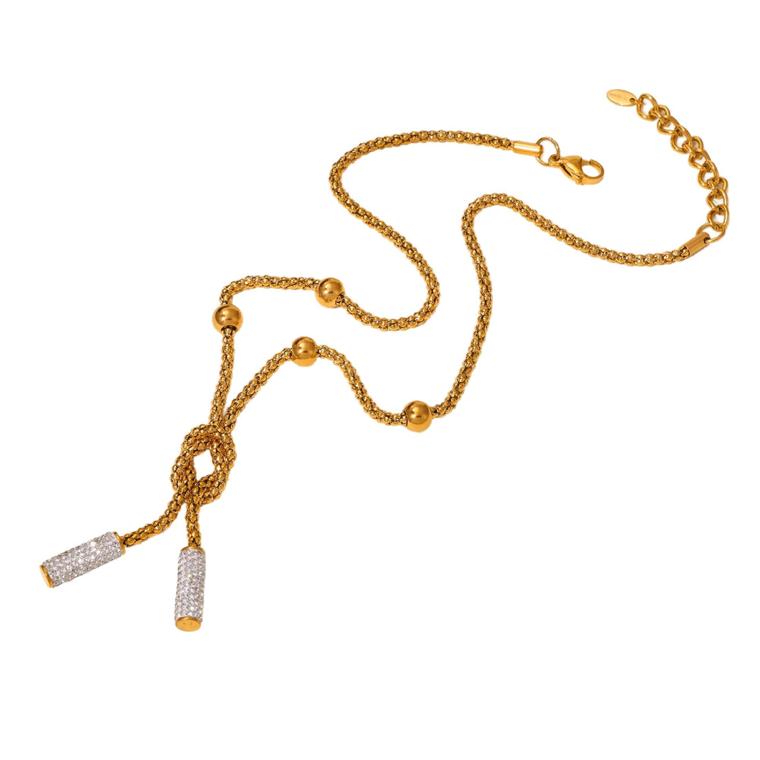 Julia Store 18K Long Gold Plated Knot Statement Pendant in Stainless Steel with Rhinestone Tassel 18k Gold Plated Non-Tampering Matinee Minimalist Tassel Chain Y Choker Simple Charm Trendy Necklace