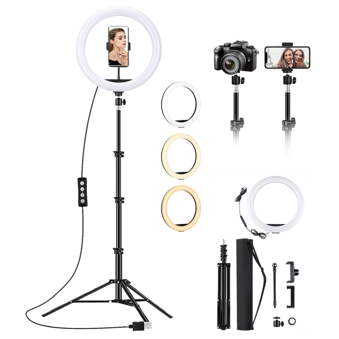 12 inch Ring Light with Tripod Stand & Phone Holder, Large Selfie Ring Lights with 3 Light Modes 10 Brightness, Dimmable LED Ringlight for Makeup Vlog Zoom Live Streaming with Stand Bag