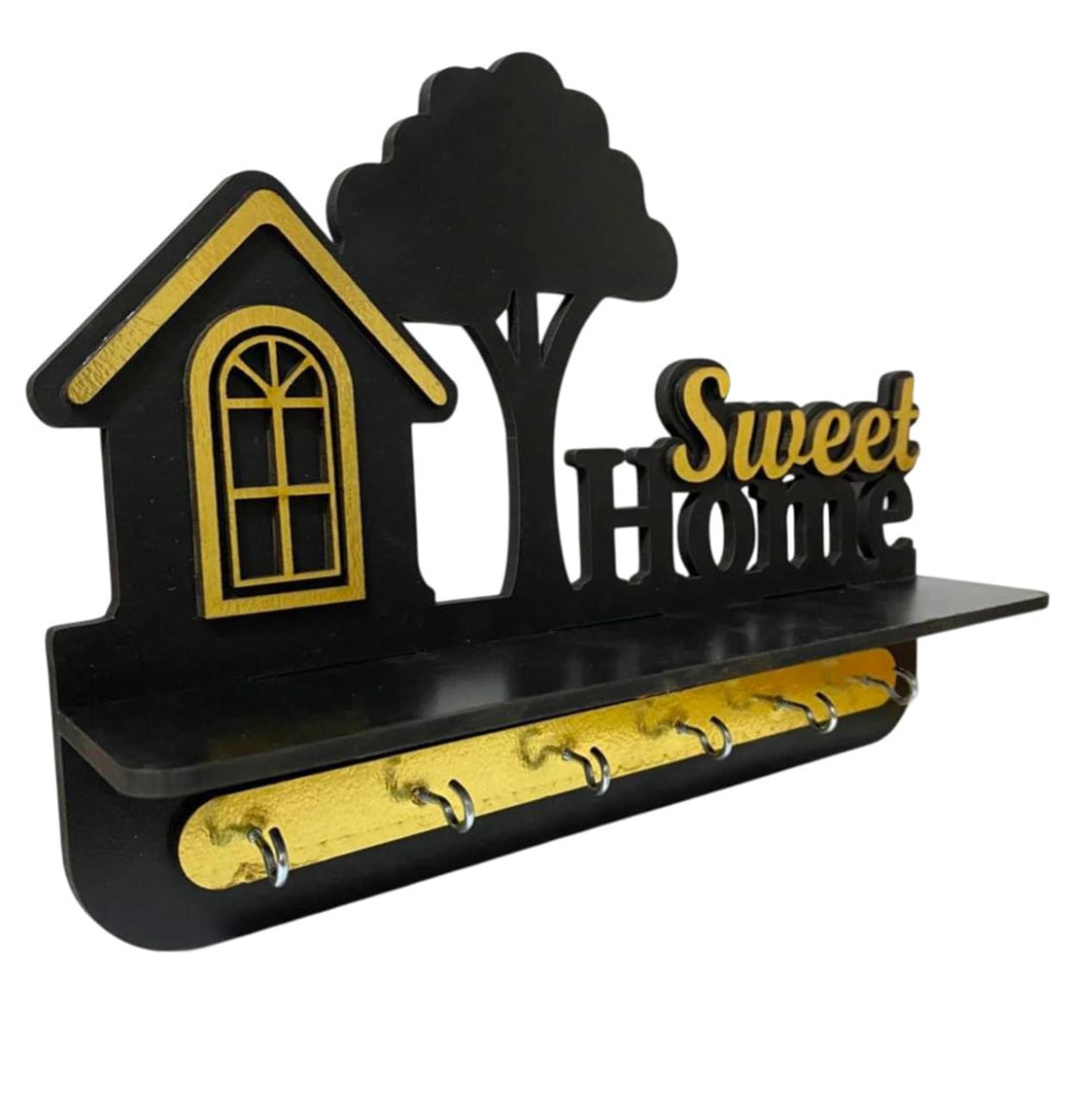 Sweet Home Wall Key Hanger Black and Gold Wood with Shelf and Multiple Clips