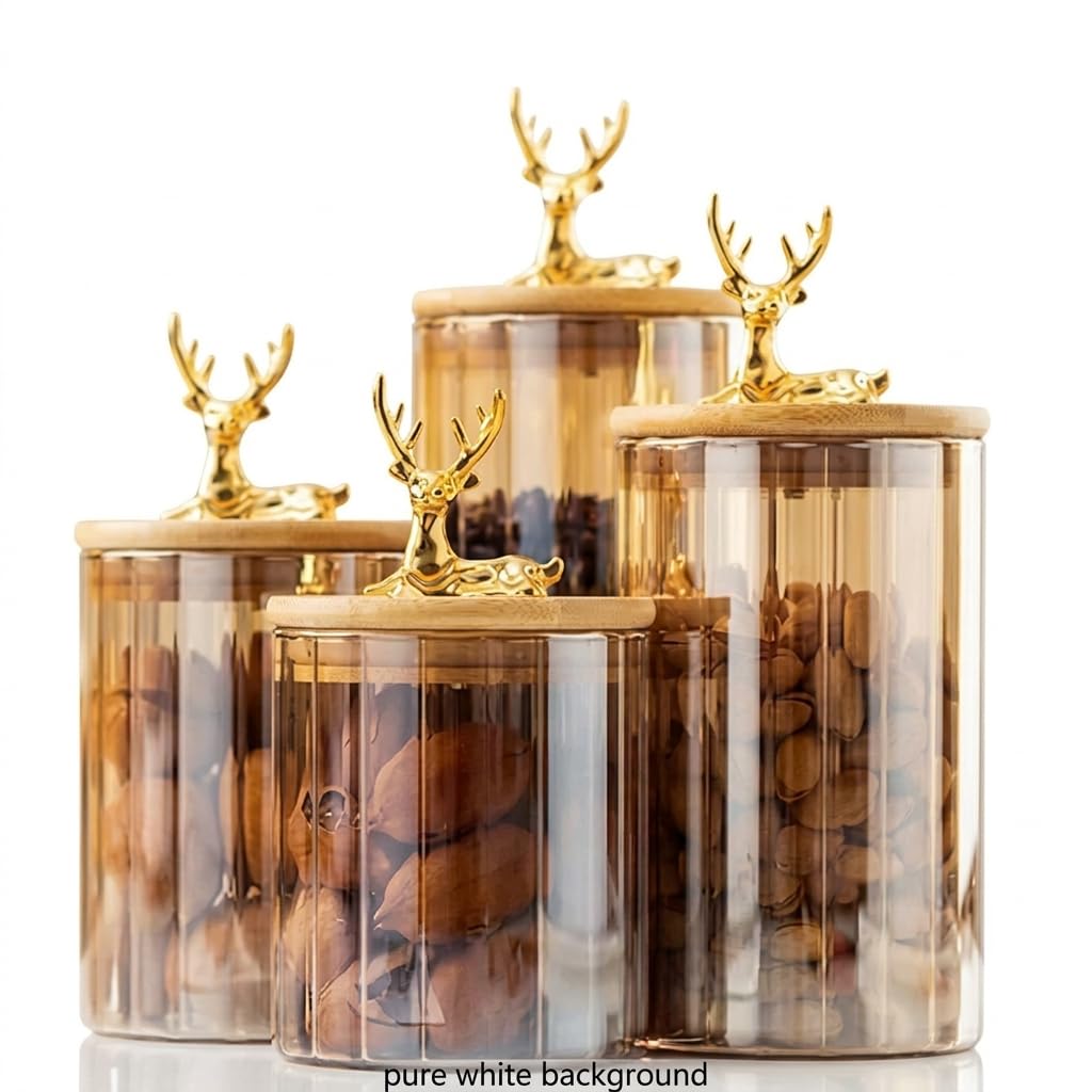 Luxury Glass Spice Jar Set with Elegant Gold Deer Lids (4 Pieces) - Decorative Kitchen Canisters with Engraved Wood Covers - Modern Pantry Storage & Countertop Organizer for Spices, Herbs & Coffee