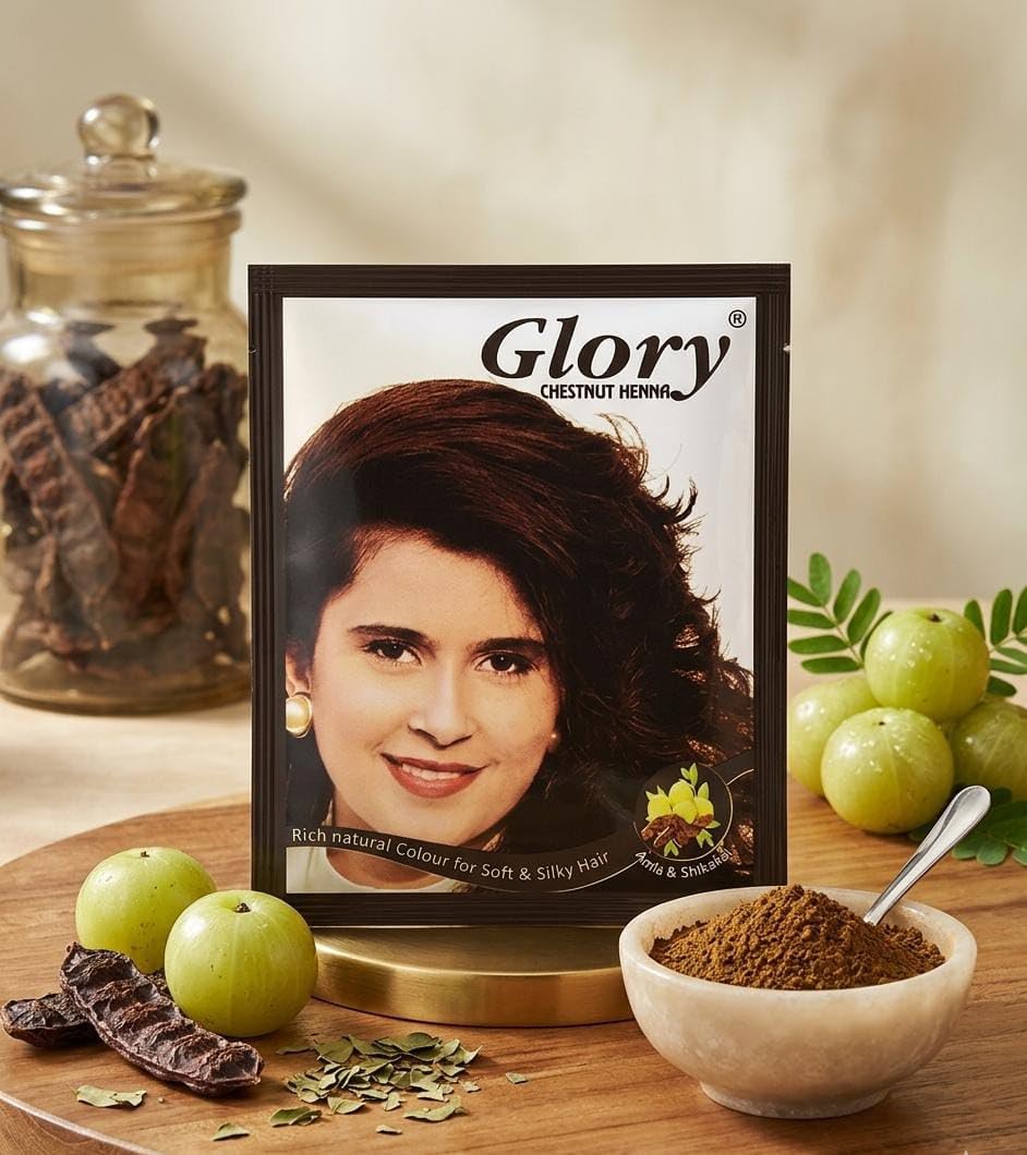 Glory Henna Natural Hair Dye Ammonia Free Amla & Shikakai Gray Coverage Multi Color 10g (1, Chestnut)