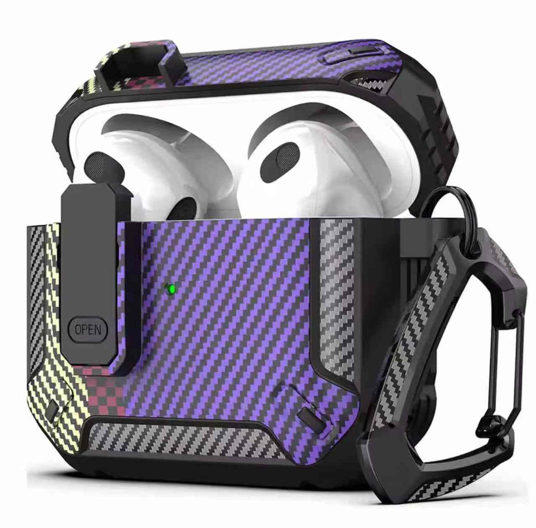 for AirPods 4 Case with Lock, AirPods 4th Generation Case Cover with hook Shockproof AirPod Gen 4 Protective Cases with Keychain Compatible with Apple AirPods4 2024 (Carbon Fiber Purple)