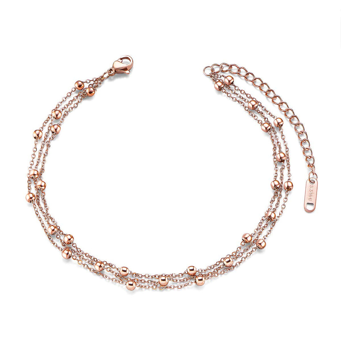 SHEGRACE Titanium Steel Anklet with Multilayer Chain and Beads Beach Sandals Barefoot Adjustable Rose Gold/platinum for Woman and Girls, jewelry for Mother's Day, Platinum