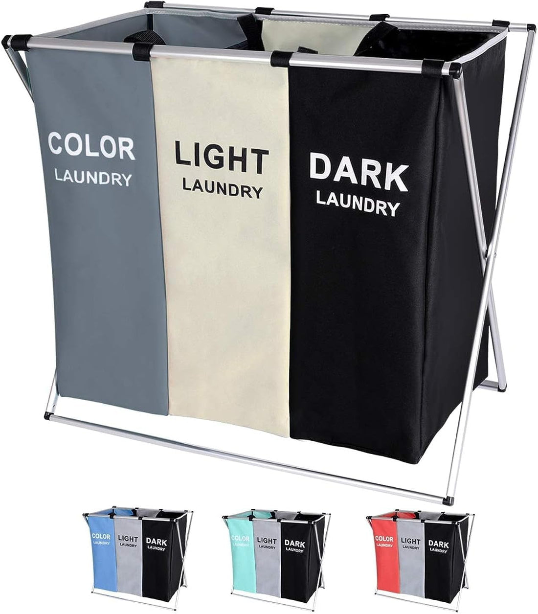 135L Laundry Cloth Hamper Sorter Basket Bin Foldable 3 Sections with Aluminum Frame 24'' Ãƒâ€” 14'' x 23'' Washing Storage Dirty Clothes Bag for Bathroom Bedroom Home (White+Grey+Black)