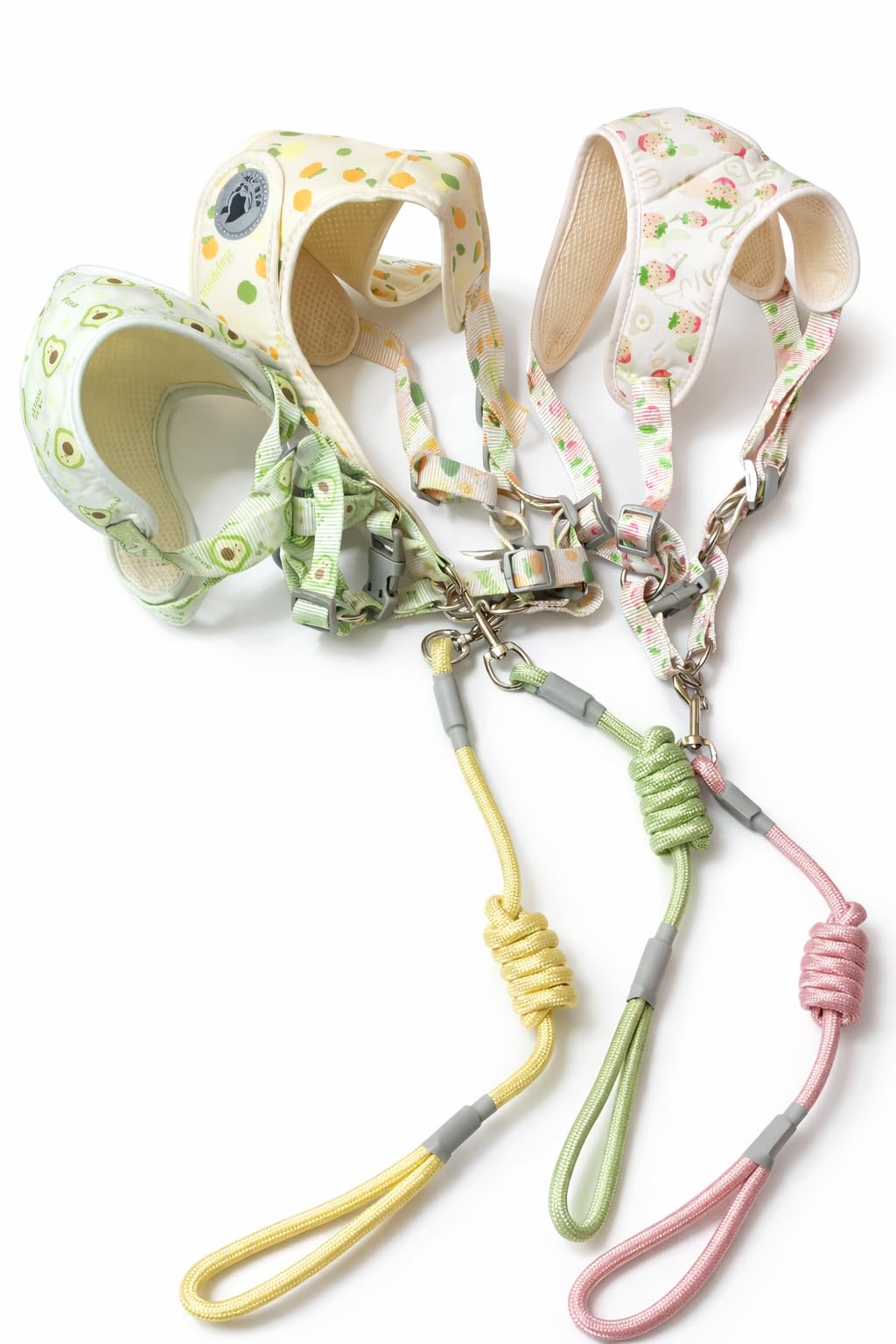 Dog Harness and Leash Set with Fruit Patterns, Adjustable for Small Breeds 8-12kg, Matching Leads Included (Pink)