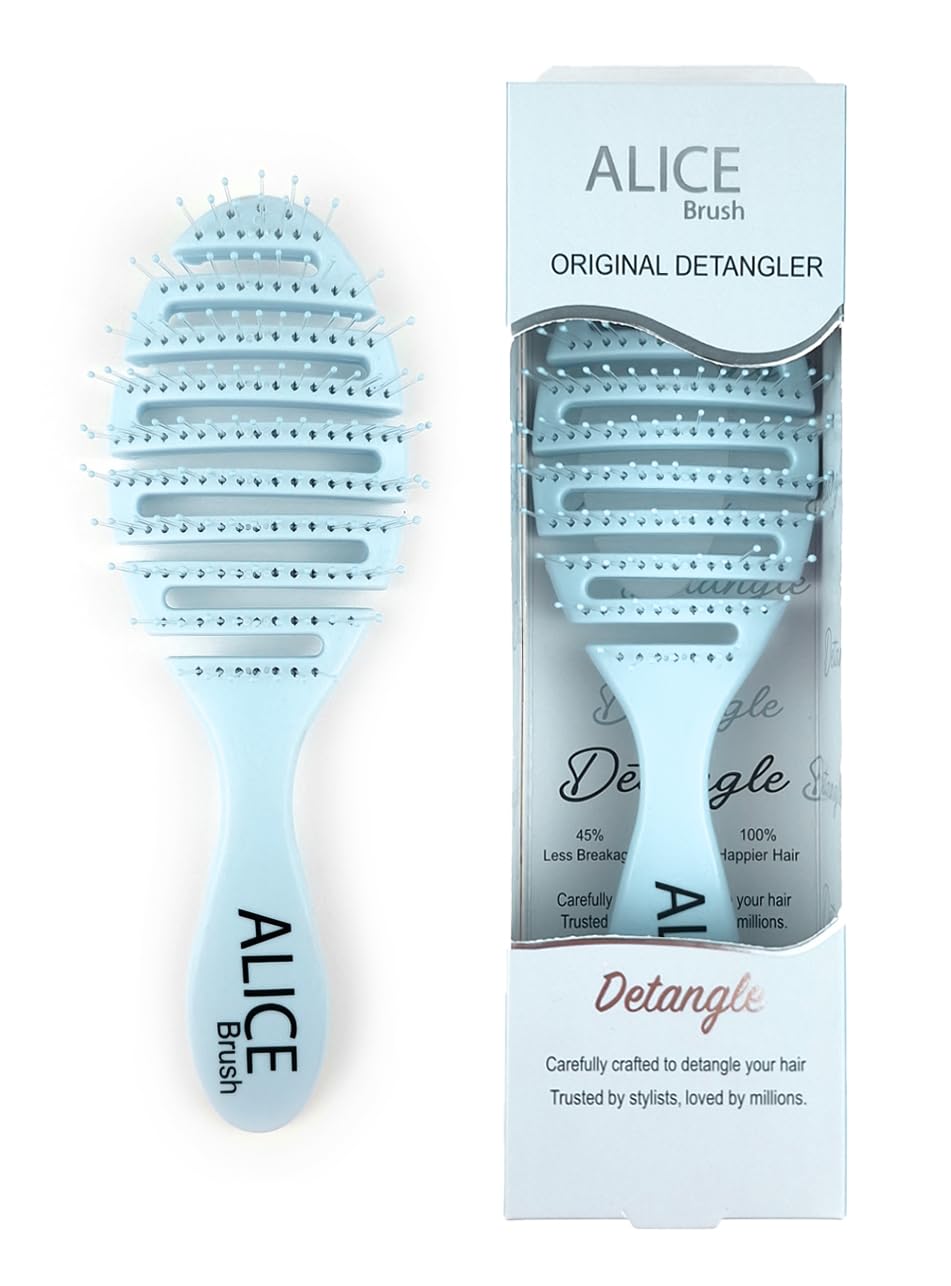 Alice Original Detangler Brush - Curved Ergonomic Design With Soft Flexible Bristles, For Wet & Dry Hair (Baby Blue)