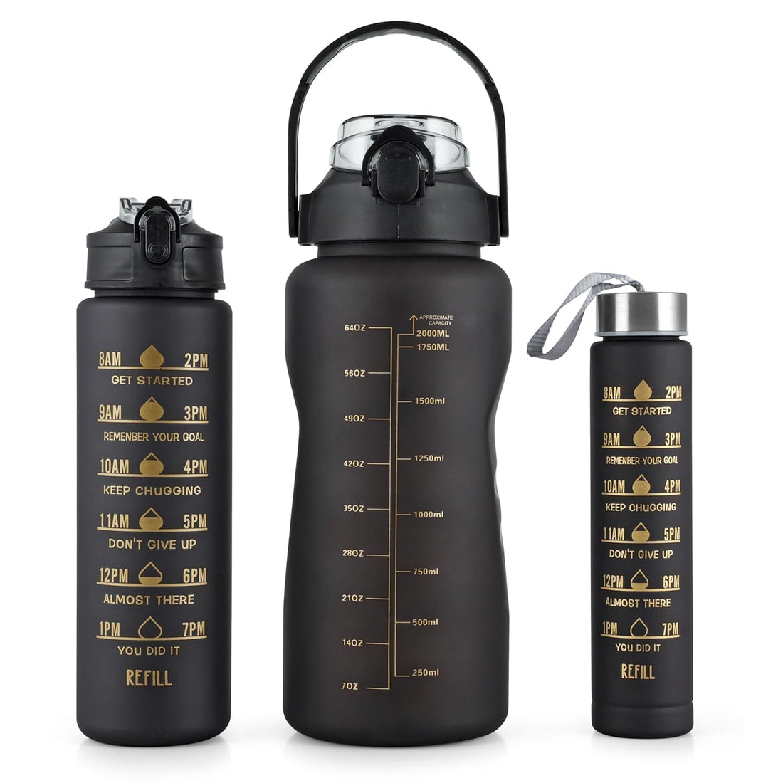 TORCHIT Set of 3 Water Bottle 2000ML, 900ML, 300ML with Motivational Time Marker, Leakproof Durable Sipper Water bottle for office, School, gym (BLACK)