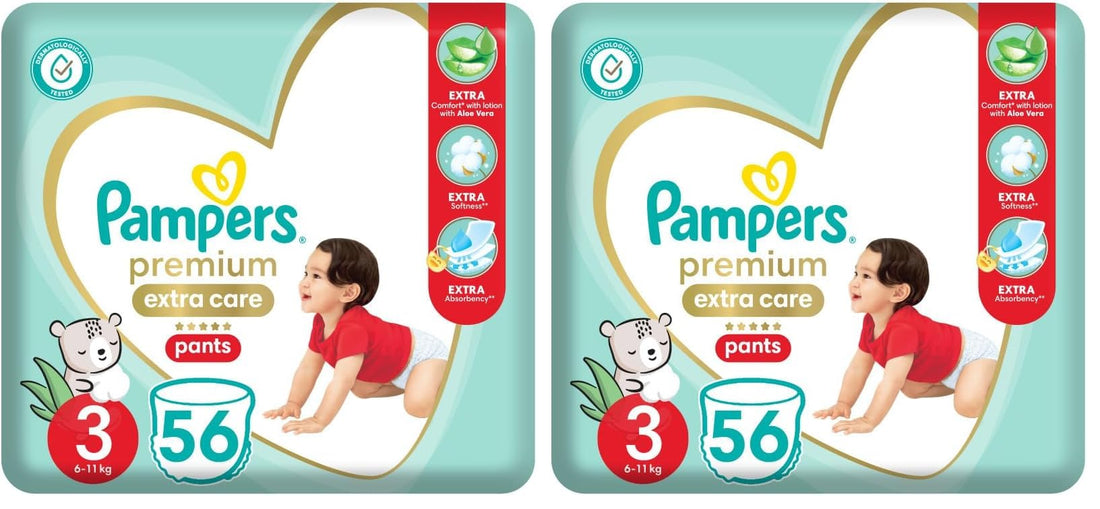 Pampers Premium Extra Care Pants, Size 3, 6-11kg, with lotion with aloe vera, 56 diapers. (Pack may vary) (Pack of 2)