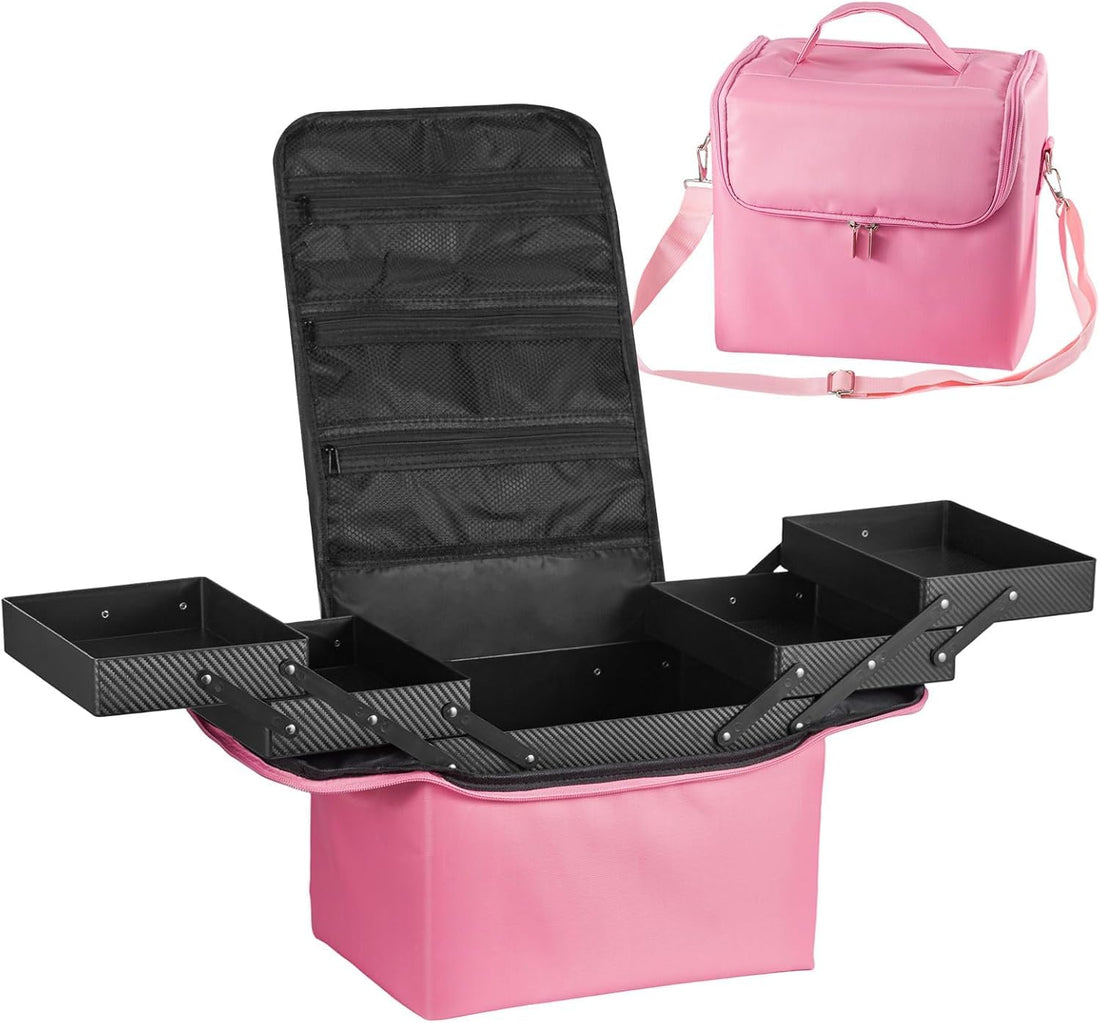 Portable Organizer Bag with Adjustable Trays and Brush Holder, Multi-Layer Storage Case for Beauty Tools, Nail Supplies and Accessories, Travel Friendly, Durable Design