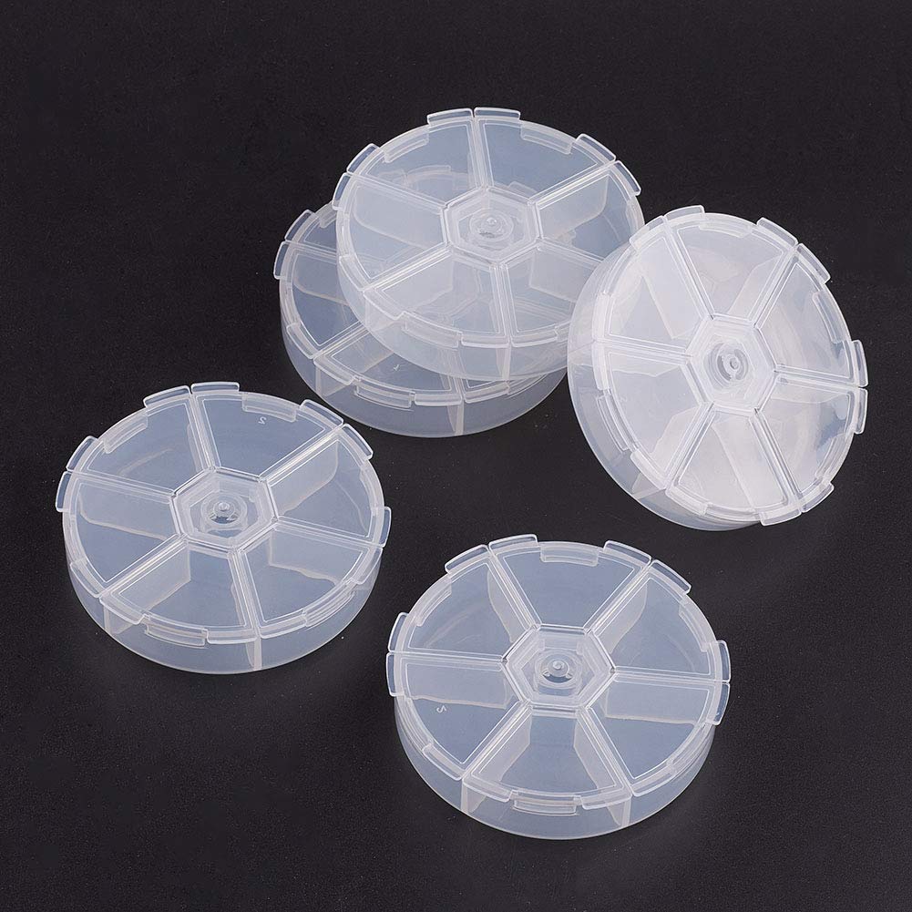 PandaHall 30 pcs 6 Grids Jewellery Dividers Box Organizer Clear Plastic Bead Case Storage Container for Beads, Jewellery, Nail Art, Small Items Craft Findings,Round, White, 8x2cm