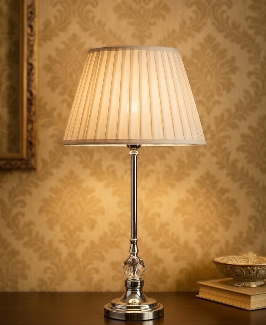 Classic Table Lamp 60cm with Pleated Fabric Shade, Silver Chrome Metal Base & Crystal Glass Accent, Bedside Lamp for Bedroom, Living Room, Office, Warm Ambient Lighting, 30cm Shade Diameter (White)