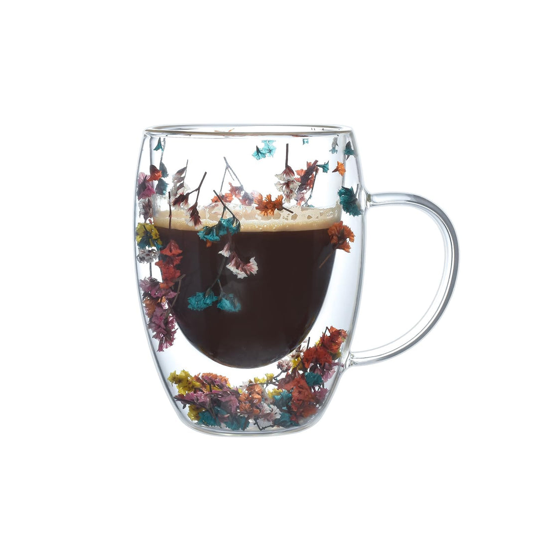 Double Walled Glass Coffee Mug with Handle, Insulated Layer Coffee Cup, Demitasse Clear Cups with Flower, Perfect for Cappuccino Tea Latte Espresso Hot Beverage (Colorful Flower 300ml)