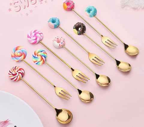 Forks and Spoons Set (6 Pieces) | 3 Forks + 3 Spoons | Modern and Elegant Design Perfect for Daily and Guest Use (Elegance and Practical for Your Table) LO (Medium, Donuts)