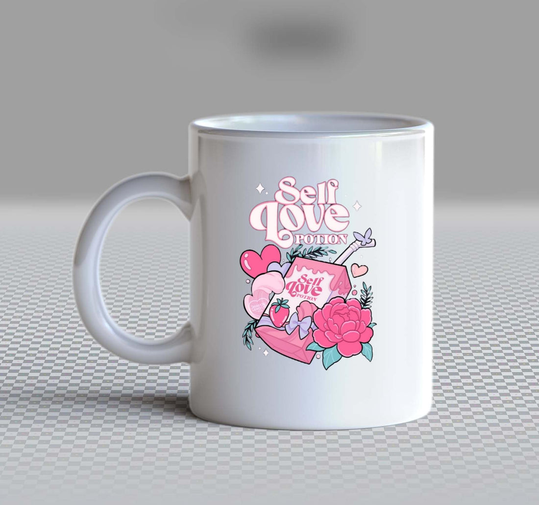 Self Love Potion Mug w ith assorted print, white ceramic