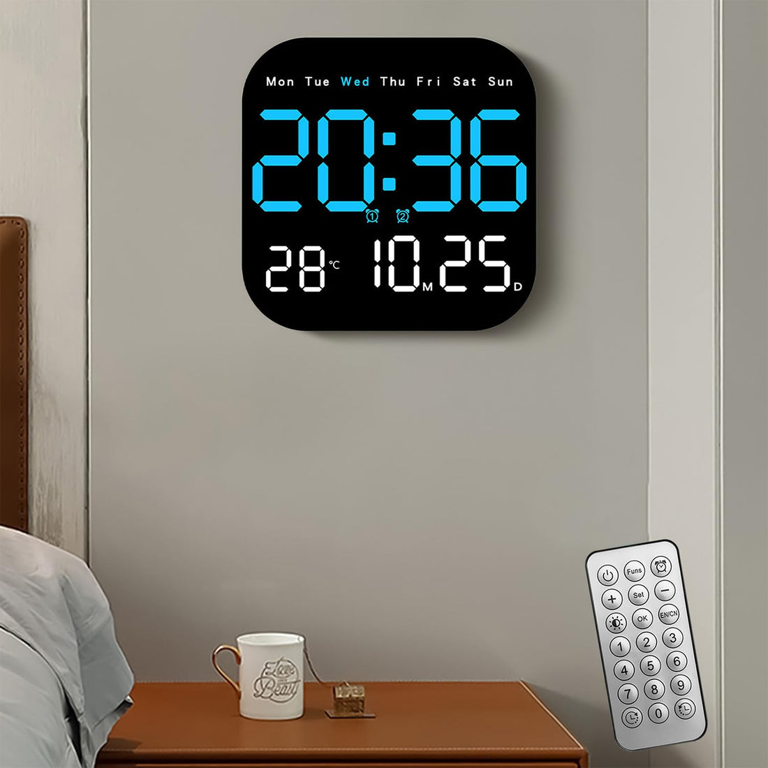 Necomi Digital Clock,9 Inch Large Wall Clocks, Count Down Timer with Remote, Alarm,Temperature, Adjustable Brightness,12/24H, DST for Home, Office, Elderly, Bedroom, Living Room, Classroom-ساعة حائط