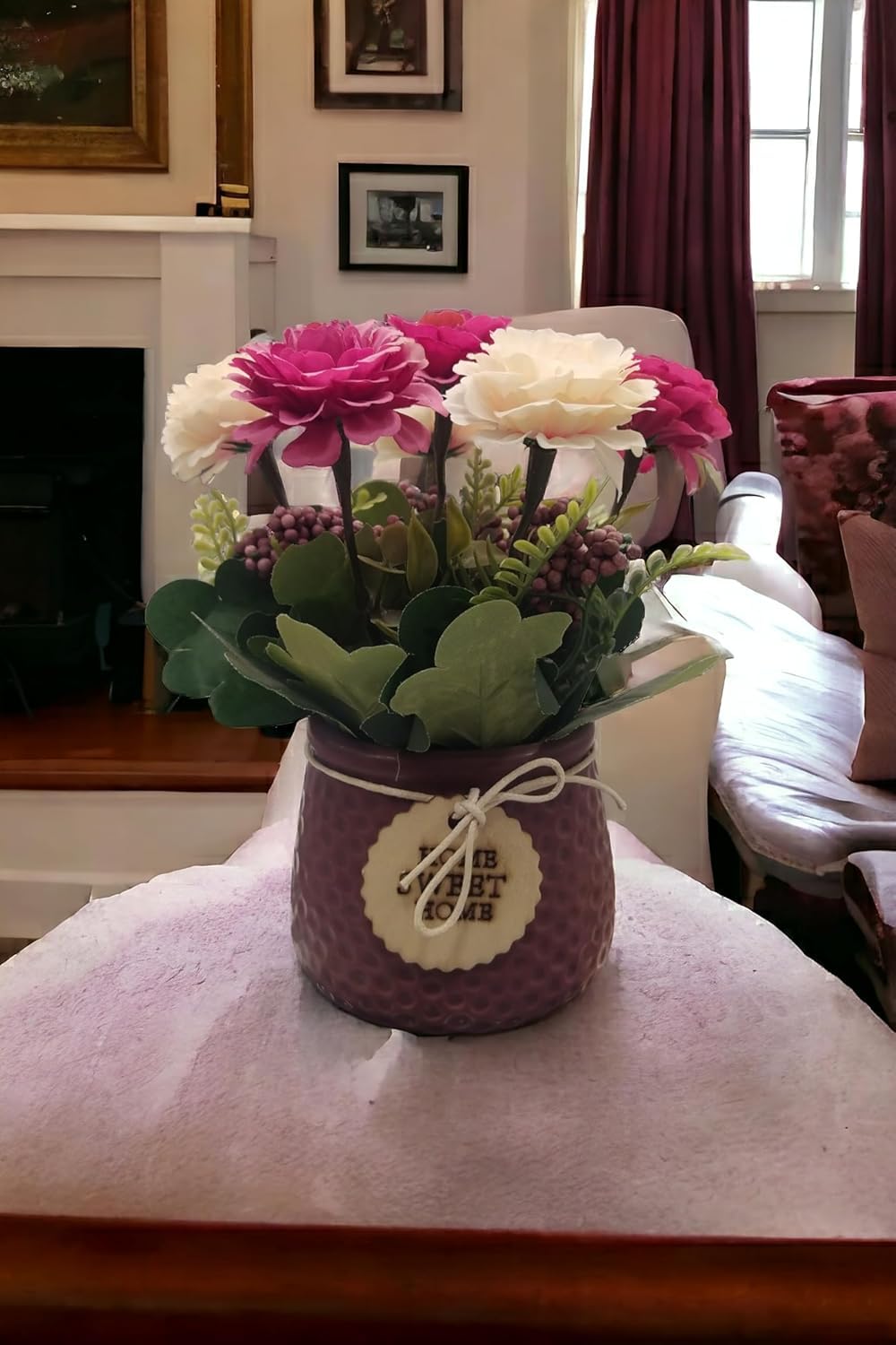 Generic Artificial Peach Rose Arrangement in Textured Blue Vase, Decorative Floral Centerpiece with White Berries and Greenery (red)