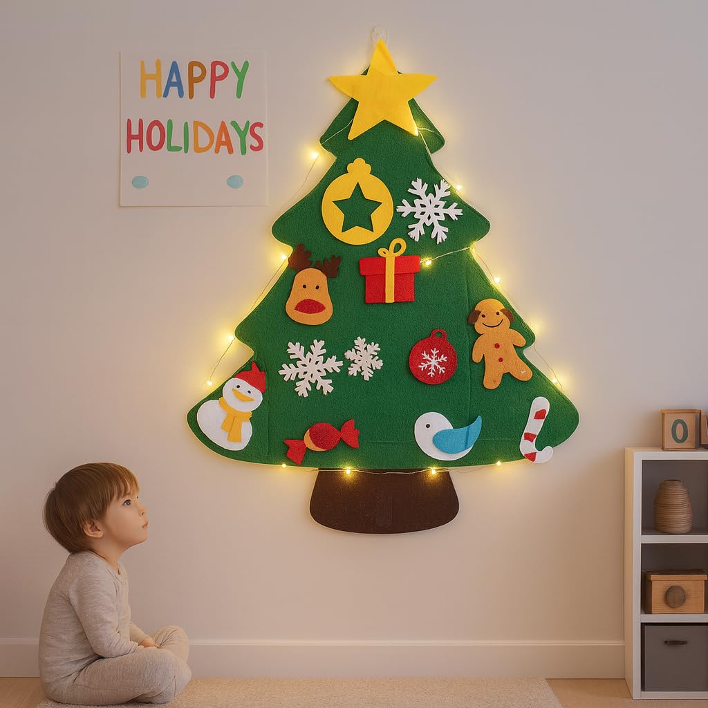 WONKA Christmas Tree Felt Wall Decoration, 51 cm, 17 Pieces, Interactive Kids Activity Set with Detachable Ornaments