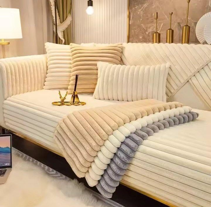 Sofa Cover Set with Cushions, 10 Pieces, Large 190x90 cm, Medium 145x90 cm, 2 chairs measuring 75 * 80, cm 6 napkins measuring 50 * 50 cm .flo (Cream)