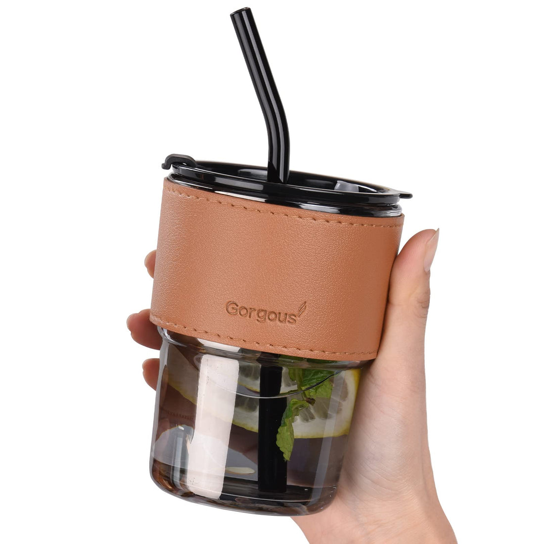 glass water bottle with straw, glass tumbler with leather case, iced coffee tumbler, personalized water bottle, gift for men and women, gray 15oz