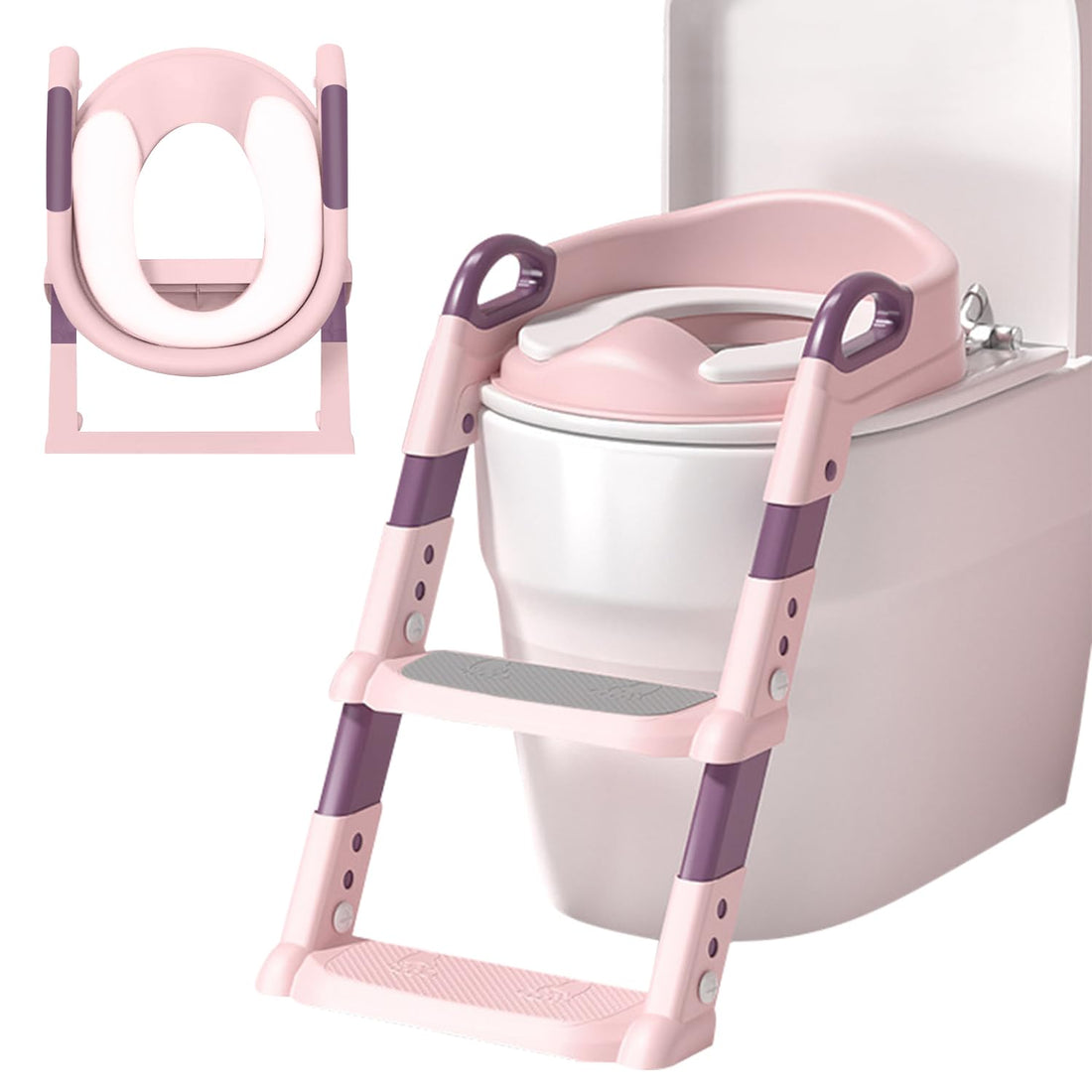 Potty Training Toilet Seat, Kids Adjustable Potty Ladder Seat with Steps, Handle & Soft Cushion, Folding Potty Toilet Trainer Bathroom Aid Toddler Training Seats for Boys and Girls (Pink)