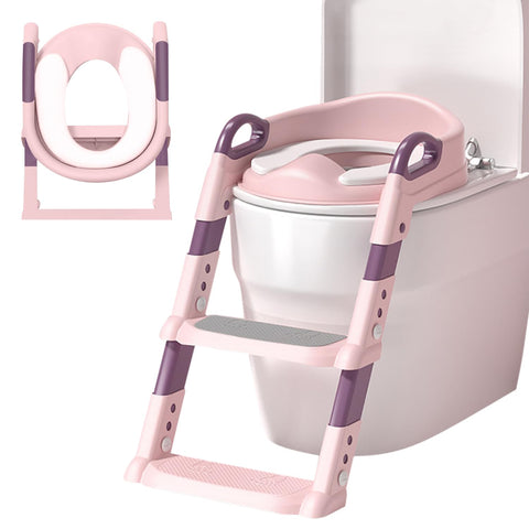 Potty Training Toilet Seat, Kids Adjustable Potty Ladder Seat with Steps, Handle & Soft Cushion, Folding Potty Toilet Trainer Bathroom Aid Toddler Training Seats for Boys and Girls (Pink)