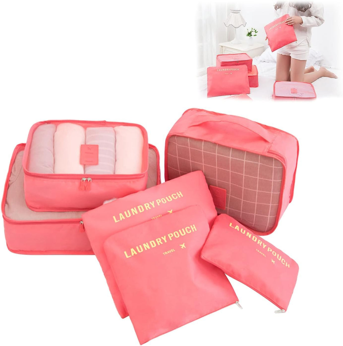 Circle M Travel Packing Cubes, 6-Piece Set with Shoe Pouch, Space-Saving Compression Design for Clothes Storage, Pink