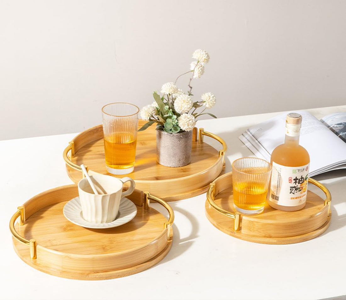 ECVV 3 Set Round Serving Tray - Wood Serving Tray With Metal Handles Serving Tray Set For Coffee | Food | Breakfast | Dinner