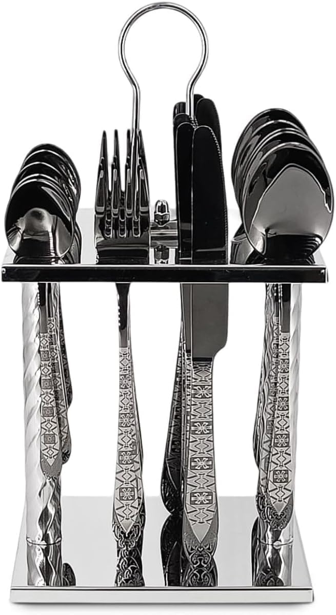 Stainless Steel Flatware Set - 24 Piece Black Cutlery Set with Stand, Includes Spoons, Forks, Knives and Tea Spoons - Premium Dinner Set for 6 - Perfect for Events and Gifts