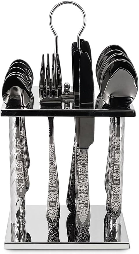 Stainless Steel Flatware Set - 24 Piece Black Cutlery Set with Stand, Includes Spoons, Forks, Knives and Tea Spoons - Premium Dinner Set for 6 - Perfect for Events and Gifts