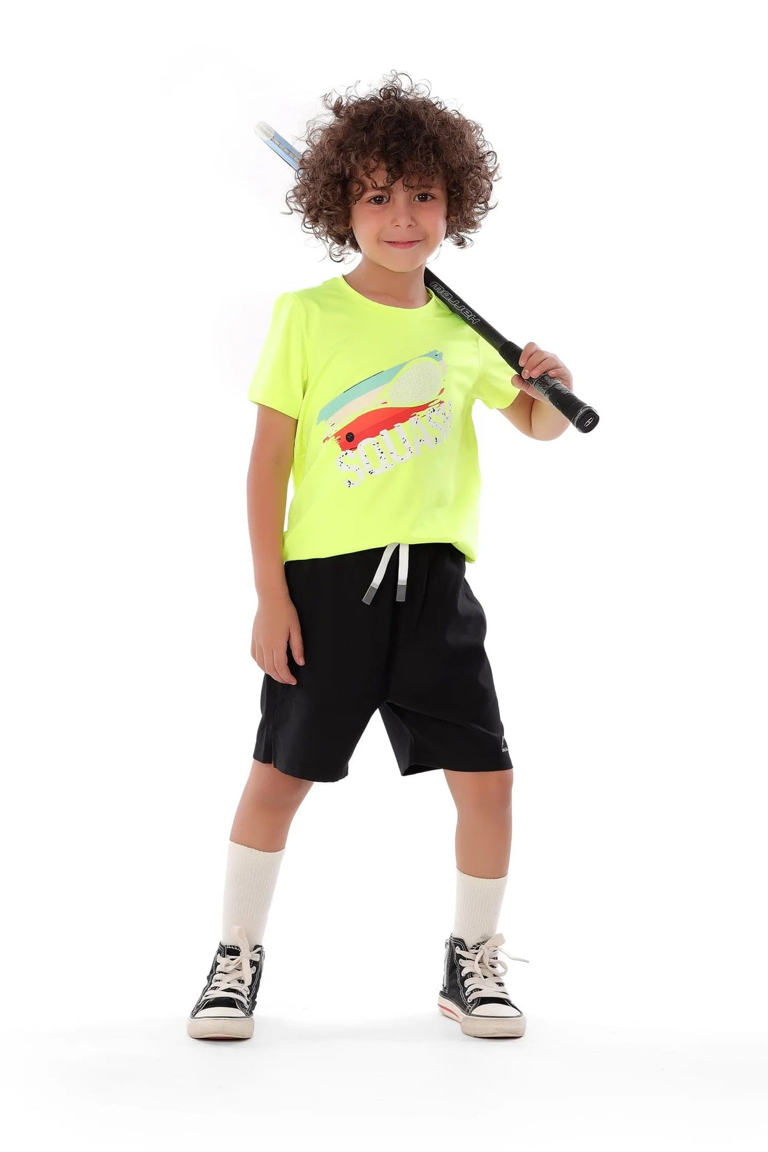 Boys Neon Yellow Squash Racket Splash T-Shirt – Sporty Graphic Top