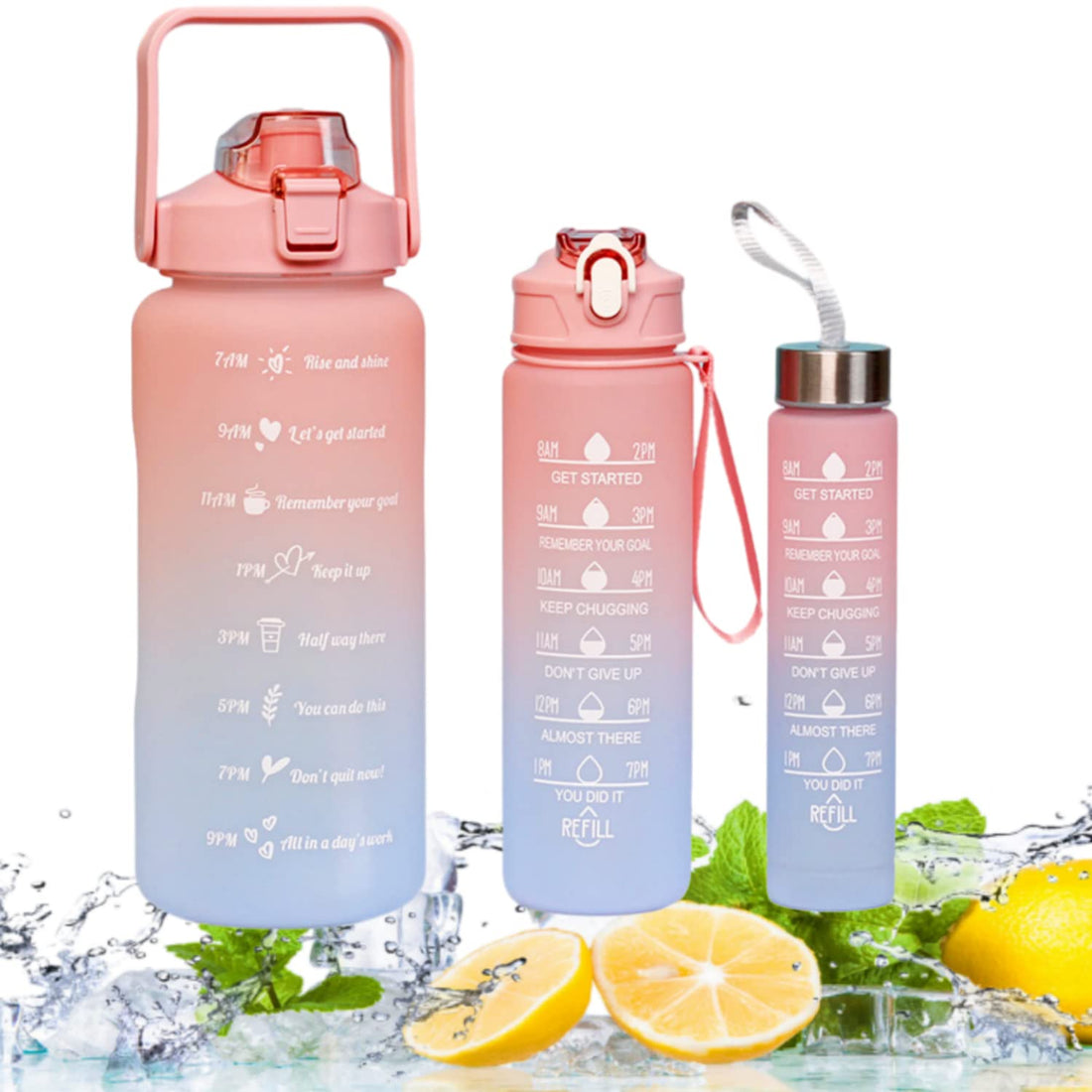 AIMBIGG Sports Water Bottles Set of 3, Motivational Sports Water Bottle with Time Capacity Marker BPA Free Big Large Gym Cycling Water Bottle Cup Jug for Kids School Outdoor Fitness (Peach Blue)