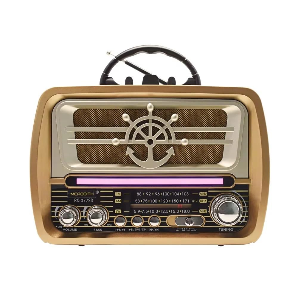 Vintage Radio with Modern Features, Bluetooth, TWS, TF/USB Player, AM/FM/SW Radio, Rechargeable Battery, Supports AC Power & Normal Batteries Antique Design (Large RX-077D)
