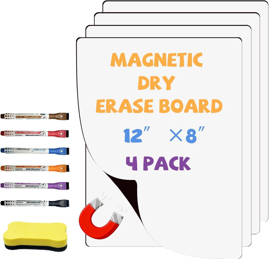 4 Magy store Pack Dry Erase Board Sheet for Fridge, 12"x8" Erasable Refrigerator WhiteBoard w/ 6 Markers & 1 Eraser- Smooth and Flexible Small Blank Notepad