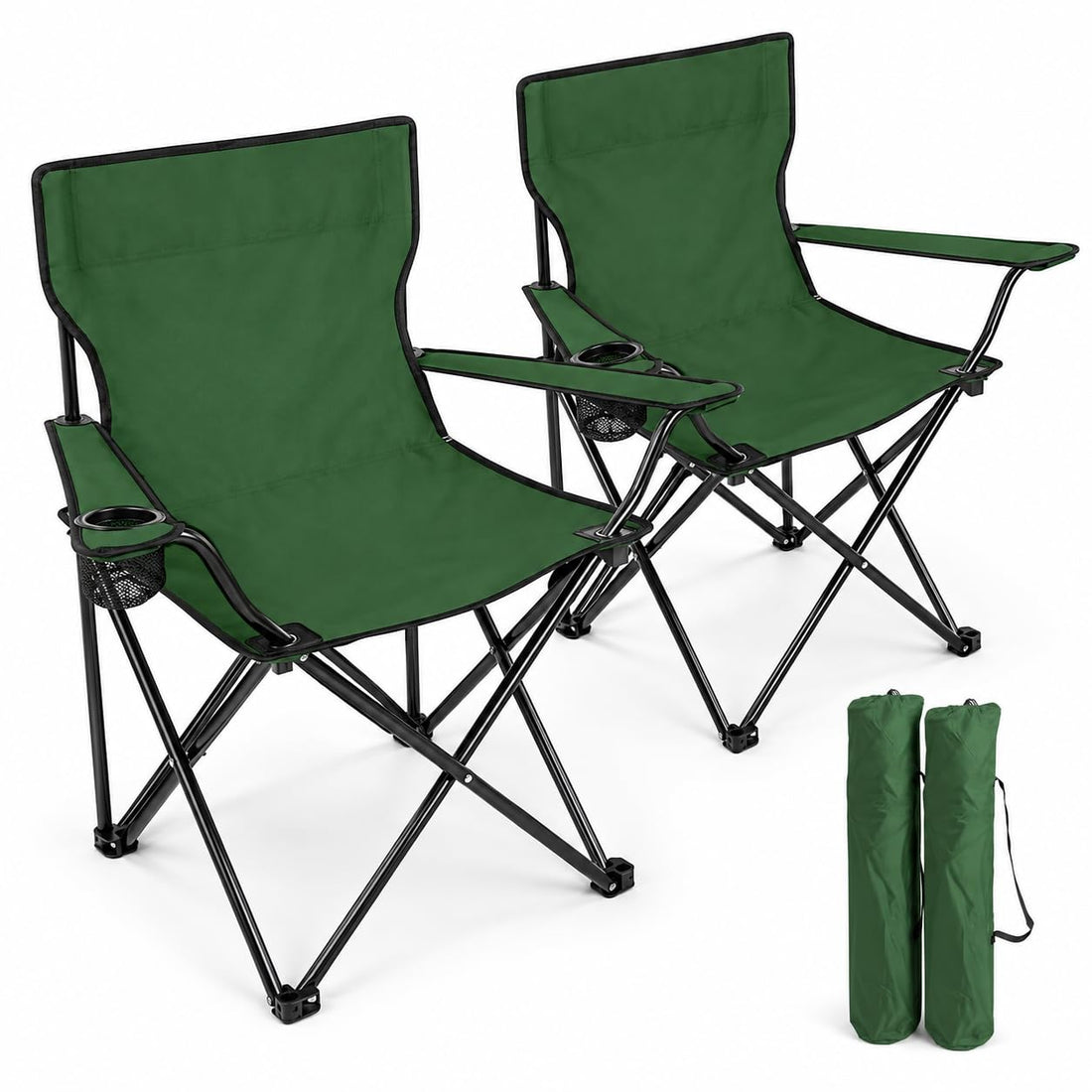 BESCH Set of 2 Folding Steel Camping Chairs with Cup Holder 45 x 45 x 80 cm Maximum Load 110 kg – Chair for Outdoor, Picnic, Garden and Fishing (Green)