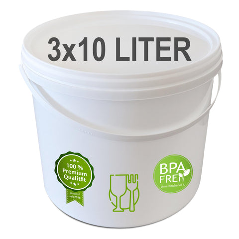 plasteo® Pack of 3 10 Litre Buckets with Lid, White, Sturdy, Stackable, Food-Safe, Completely