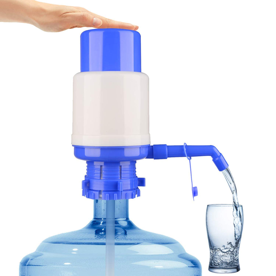 O.F Manual Water Bottle Pump, Easy Drinking Water Pump, Easy Portable Manual Hand Press Dispenser Water Pump for Universal 2-5 Gallon Bottle Coolers (Blue/White)