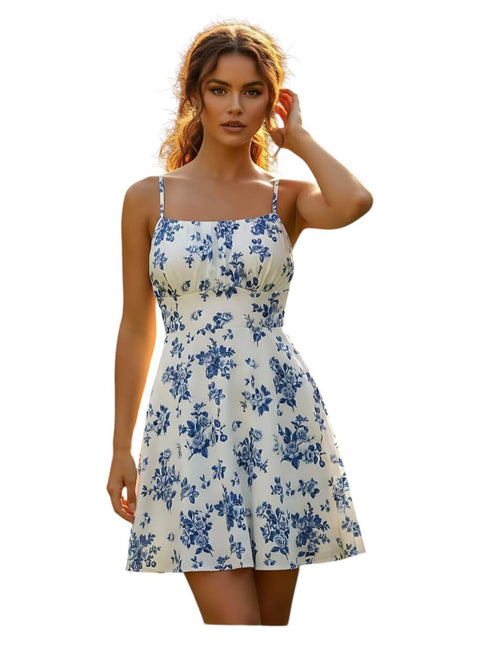 Floral Print Mini Dress, White and Blue, Spaghetti Strap, A-Line Silhouette (Code 1117)