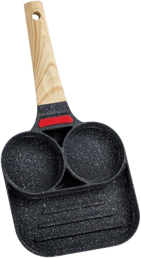 3-Section Non-Stick Frying Pan, Hard Texture Marble Coating, Wooden Handle, 34 x 18.5 cm, for Eggs, Bacon & Breakfast