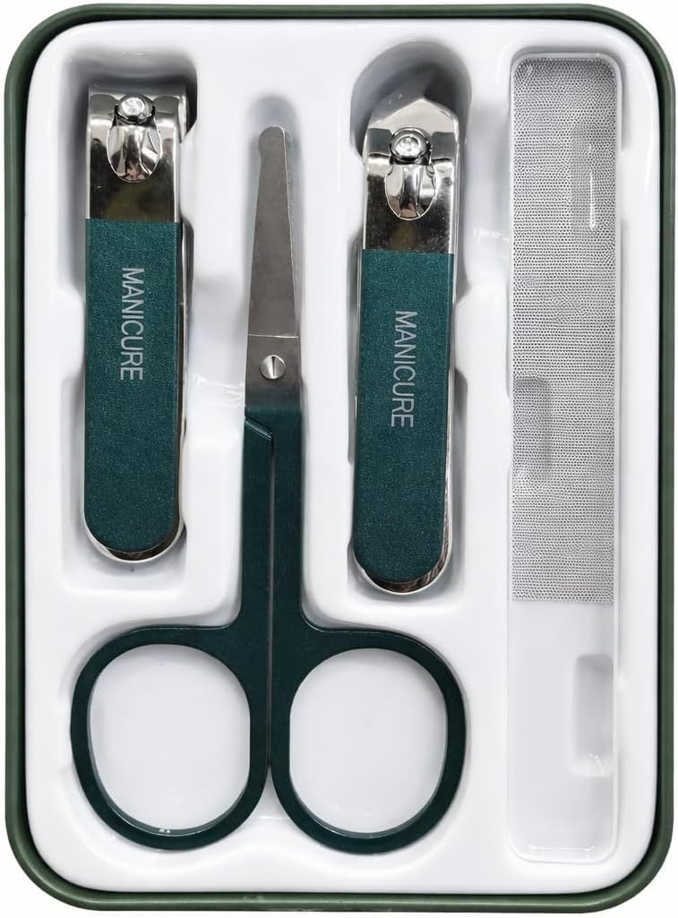 4-Piece Manicure Set with Nail Clippers, Precision Scissors and Acrylic Nail File – Stainless Steel Grooming Kit for Fingernails and Toenails – Travel Friendly Nail Care Tools with Case