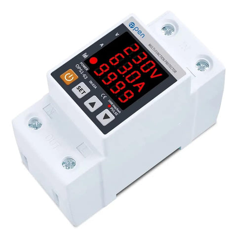 OPS1-63A 63A 230V 3IN1 Display Din rail adjustable over under voltage surge protector relay over current protect Kwh Power watt Meter