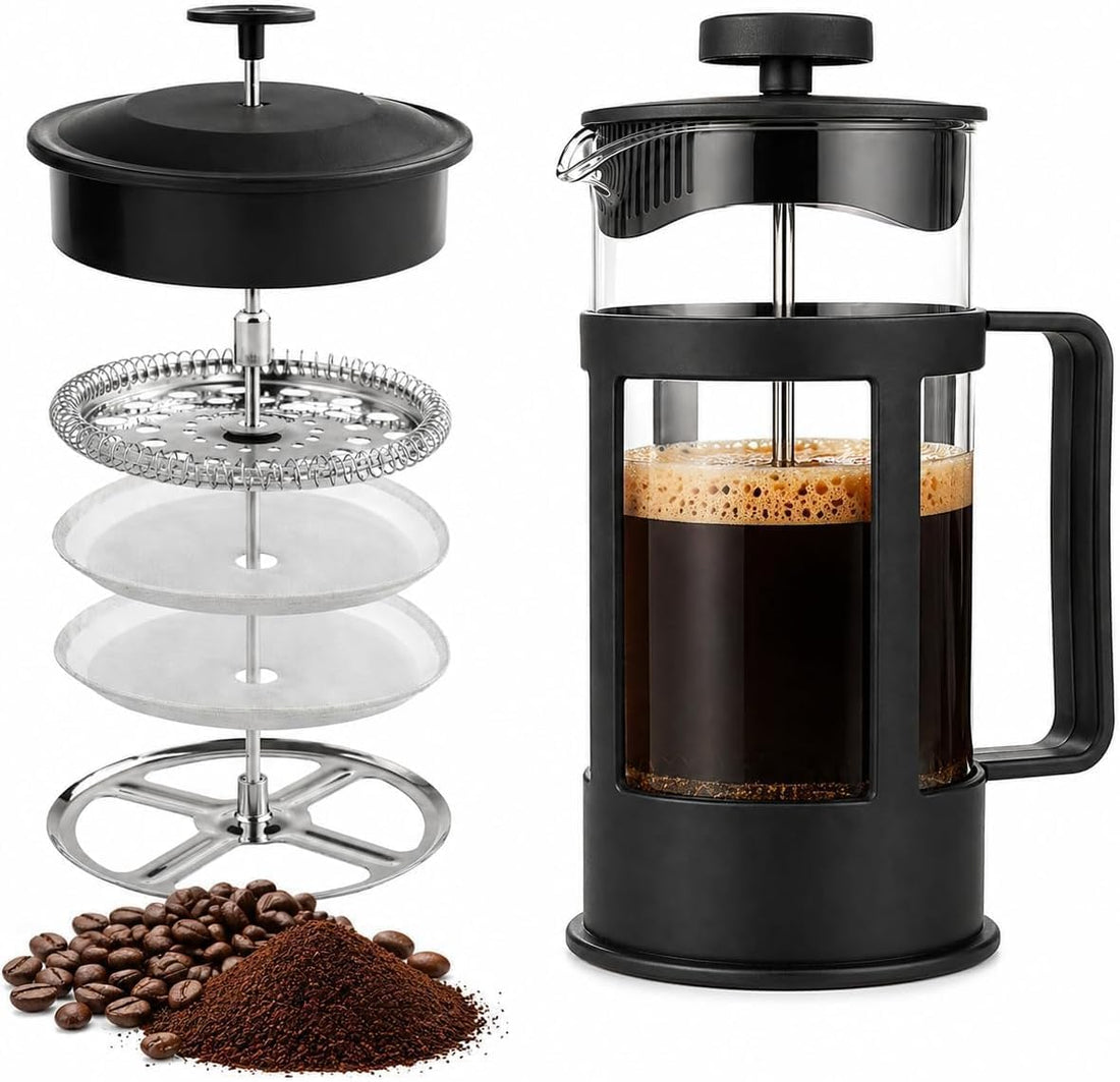 OVA French Press Coffee Maker – 350ml Heat-Resistant Glass Carafe with Stainless Steel Filter and Ergonomic Handle, Manual Brewer for Home & Office