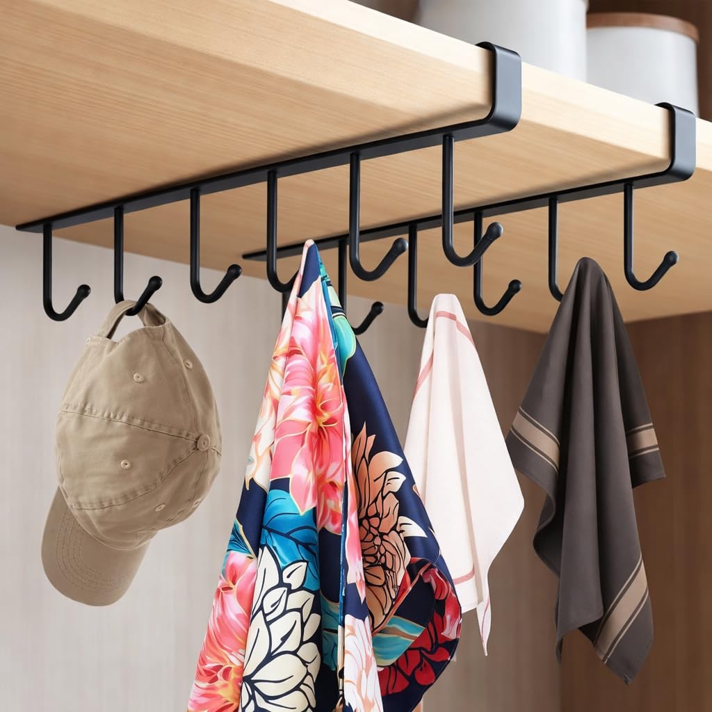 OVA Metal Under Shelf Cabinet Rack – 6 Hook Hanging Organizer for Coffee Cups, Mugs, Glasses, Keys, Ties, Belts, Scarves, and Kitchen Utensils (Black) (1)