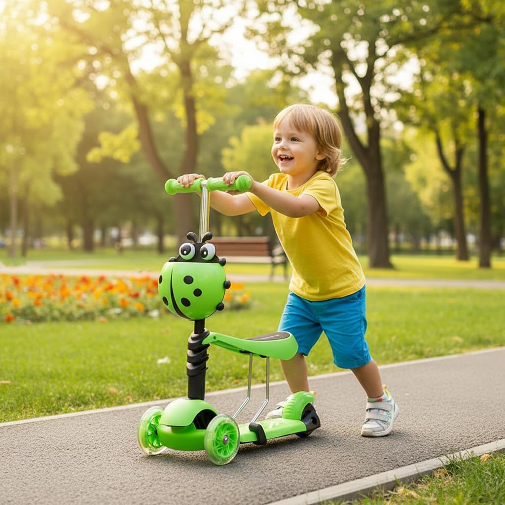 GHAZAL Kids 3-Wheel Scooter with LED Wheels, Removable Seat, Adjustable Handlebar, Lightweight Foldable Design, PU Wheels
