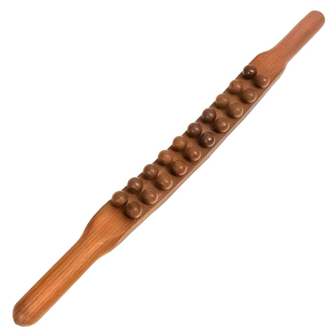 Massage Roller - Handheld wooden stick designed with 20 smooth massage balls to enhance blood circulation, relieve sore muscles, improve flexibility, and provide a relaxing experience color brown