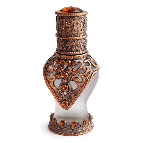 Decorative Metal Body & Glass Heart Reusable Empty Perfume Bottles - Antique Finish Embossing & Studded - Smooth Silk Inner Rod - for Essential Oils, Perfect for Travel, Gifts, Decoration (S-11)